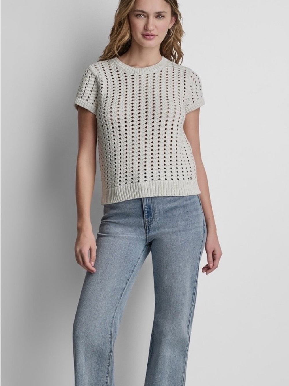DKNY Cream Open-Knit Short Sleeve Crewneck Sweater
